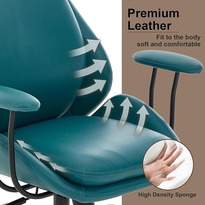 E-Motie Office Chair, Leather Desk Chair with Rubber Wheels, Ergonomic Computer Chair 500 LBS with Lumbar Support, High Back Executive Chair for Modern Home Office, Green