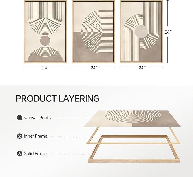 Framed Boho Neutral Abstract Wall Art for Living Room, Large 3 Piece Mid Century Modern Painting Prints, Minimalist Geometric Canvas Artworks for Dining Room Hallway Office Wall Decor, 24x36 In