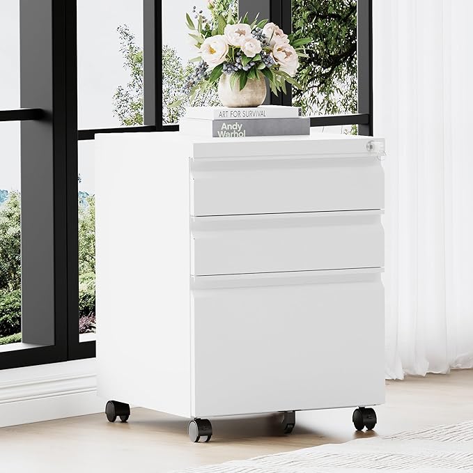 RAVIGIN 3 Drawer File Cabinet，Mobile Filing Cabinet with Lock and Wheels，Fully Assembled Metal Under Desk File Cabinets for A4/Letter/Legal Size（White
