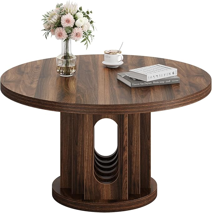 knoworld 31.5" Round Coffee Table, Small Wooden Circle Center Table Hole Panel Splice Design Coffee Tables for Living Room, Thickened Edge MDF Board, Walnut