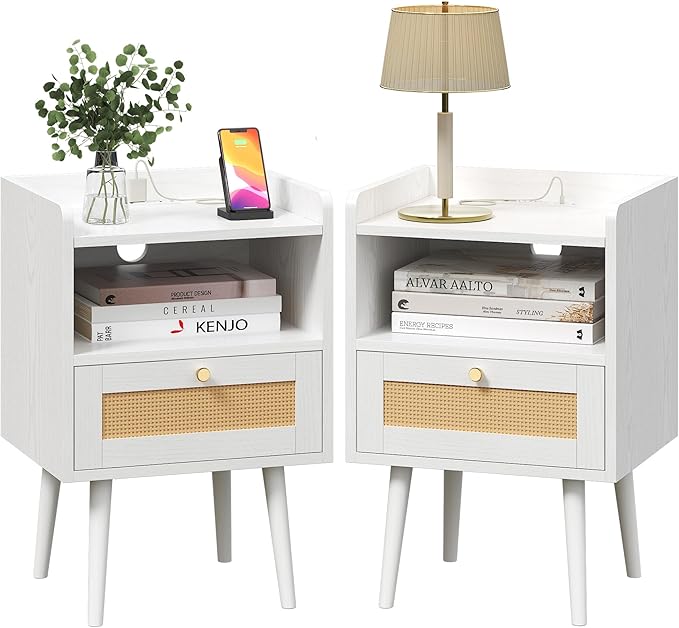MECHYIN Night Stand Set 2, Nightstands Set of 2 with Charging Station, Rattan Side Tables with Solid Wood Legs, Boho Bedside End Table for Apartment Bedroom Dorm Small Space - White