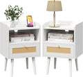 MECHYIN Night Stand Set 2, Nightstands Set of 2 with Charging Station, Rattan Side Tables with Solid Wood Legs, Boho Bedside End Table for Apartment Bedroom Dorm Small Space - White