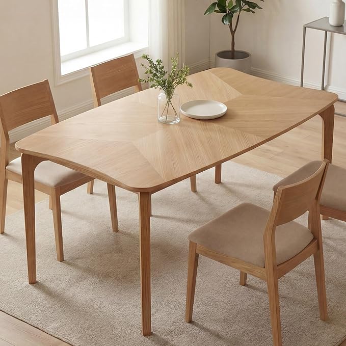HNY Modern Curved Edge Dining Table, 63" Solid Wood Kitchen Table with Herringbone Pattern Mid-Century Rectangular Dinner Table for 6-9 People, Natural Oak Finish