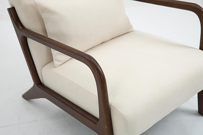 KEIKI Mid Century Modern Accent Chair Wood Frame, Cotton Linen Modern Minimalist Armchair for Small Spaces Living Room Bedroom Sunroom, Lounge Seat with Waist Cushion, Padded, Easy Setup, White