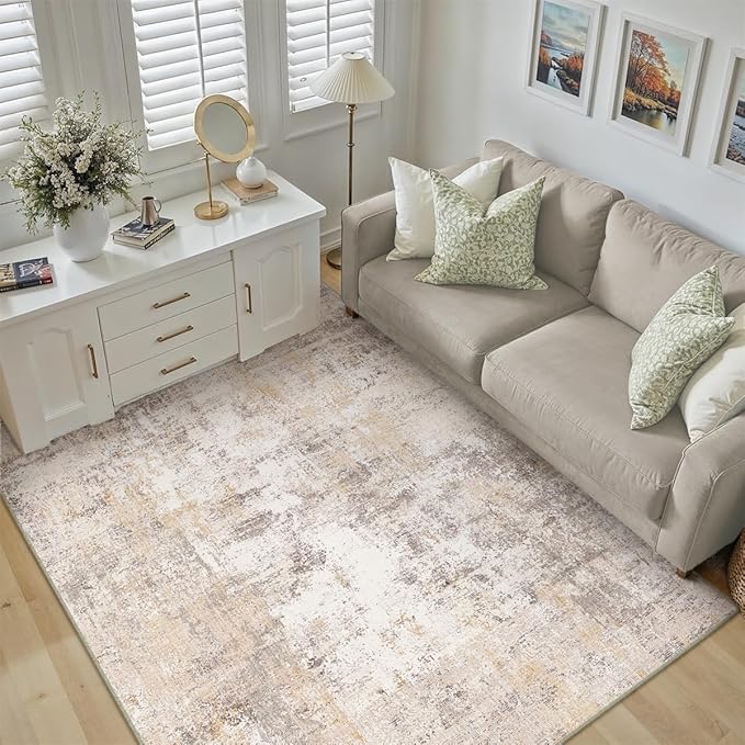 4x6 Washable Area Rug Beige Grey Abstract Non Slip Soft Low Pile Rug for Entryway Kitchen Bathroom Neutral Modern Throw Carpet for Living Room Bedroom Home Decor