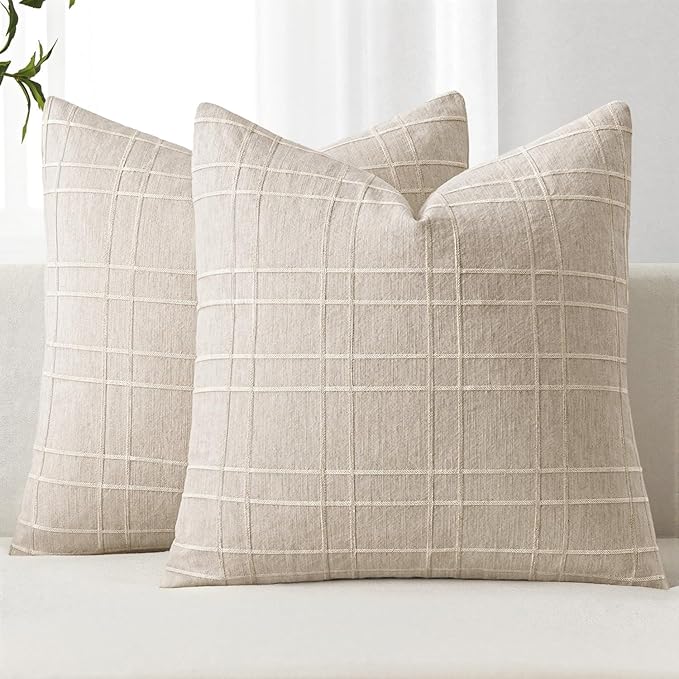 MIULEE Decorative Linen Check Euro Shams Throw Pillow Covers Neutral Farmhouse Vintage Pillow Covers 28x28 Set of 2 Boho Modern Home Decor for Sofa Couch Bedroom Cushion Natural Beige