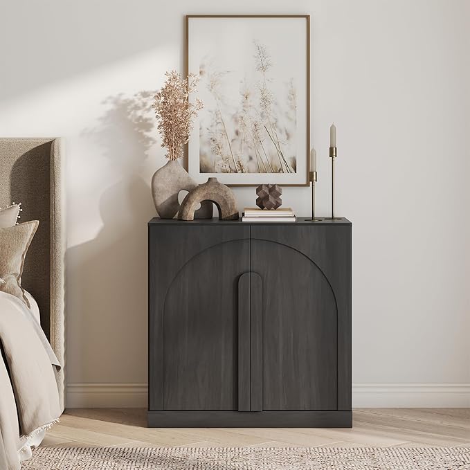 BELLEZE Bijou 31.5" Modern Wood Storage Cabinet with Arched Doors - Private Storage Sideboard Console for Entryway & Office - Hidden Organization, 70lbs Capacity, Ebony