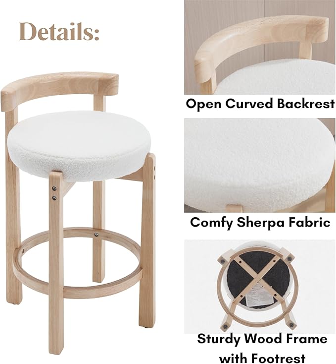 LukeAlon Sherpa Counter Stools Set of 2, Mid Century Upholstered 26.5" Seat Height Low Barstools with Natural Wood Legs Round Low Back Kitchen Stools with Footrest for Dining Room, White
