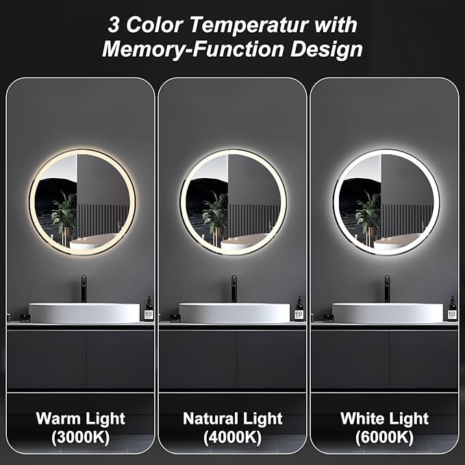 NEWBULIG 24 Inch Round LED Bathroom Wall Mirror with Lights, Light up Vanity Bathroom Mirror for Over Sink, Anti-Fog and Dimmable, Front Light and Backlit, Memory Function, Shatter-Proof, White