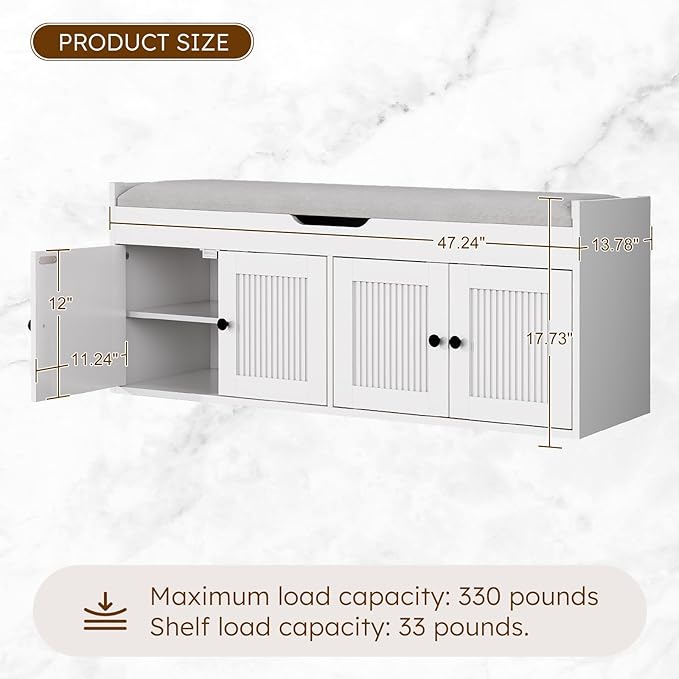 47.2" Storage Bench - Entryway Shoe Bench with 4 Doors and Top Storage Area, Multifunctional Entryway Bench with Lift Top Cushion, Shoe Storage Bench for Bedroom, Living Room, White