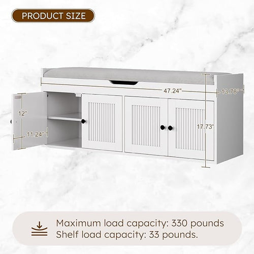 47.2" Storage Bench - Entryway Shoe Bench with 4 Doors and Top Storage Area, Multifunctional Entryway Bench with Lift Top Cushion, Shoe Storage Bench for Bedroom, Living Room, White