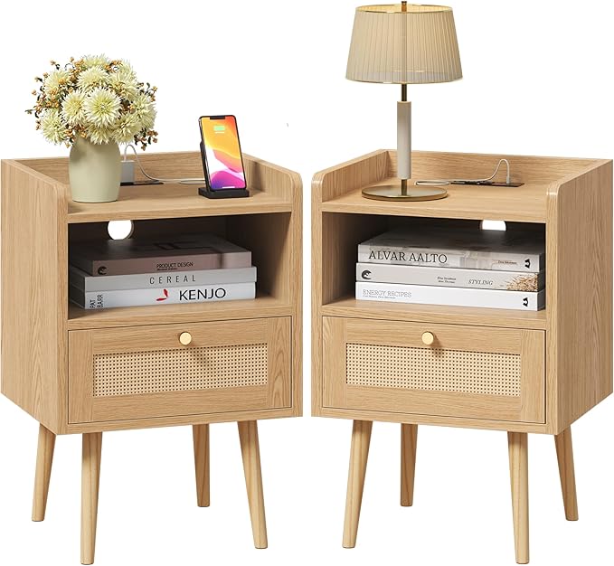 MECHYIN Night Stand Set 2, Nightstands Set of 2 with Charging Station, Rattan Side Tables with Solid Wood Legs, Boho Bedside End Table for Apartment Bedroom Dorm Small Space - Natural