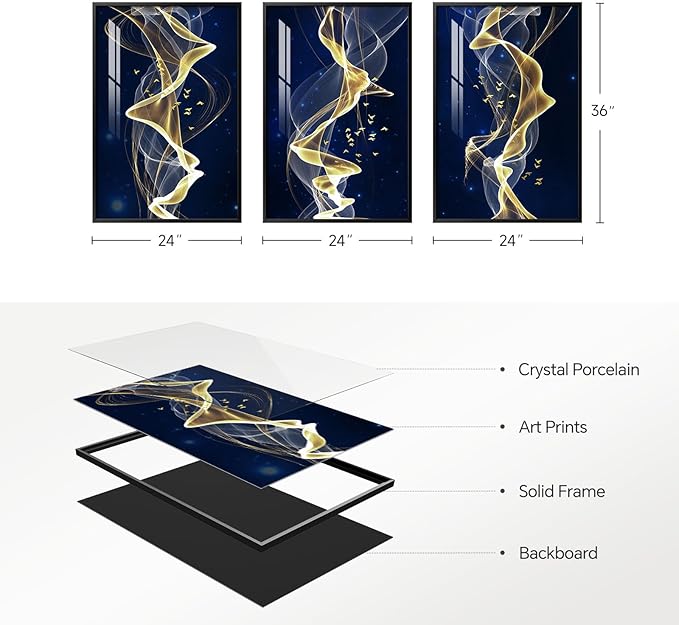 Large Framed Modern Blue and Gold Wall Art for Living Room, 3 Piece Abstract Artwork for Walls, Contemporary Luxury Line Pictures Prints Paintings for Hallway Dining Room Office 24x36 Inch