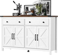 VVFLU 55" Modern Farmhouse Buffet Cabinet with Storage, Coffee Bar Cabinet with 2 Drawers and 4 Barn Doors, Sideboard Storage Cabinet for Kitchen, Dining Room, Living Room, White Wood