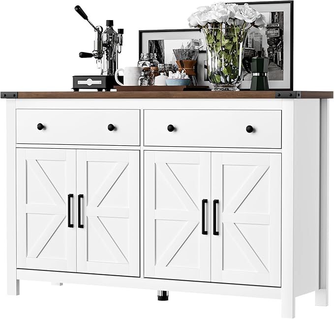 VVFLU 55" Modern Farmhouse Buffet Cabinet with Storage, Coffee Bar Cabinet with 2 Drawers and 4 Barn Doors, Sideboard Storage Cabinet for Kitchen, Dining Room, Living Room, White Wood