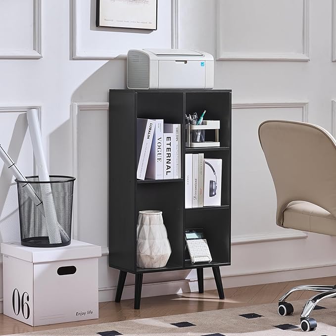 LEYAOYAO 5 Cube Bookshelf 3-Tier Bookcase with Legs,Mint Black Kids Book Shelf Cute Storage Organizer,Free Standing Open Toy Shelves Wood Bookshelves,Display Bookcases for Bedroom,Living Room,Nursery