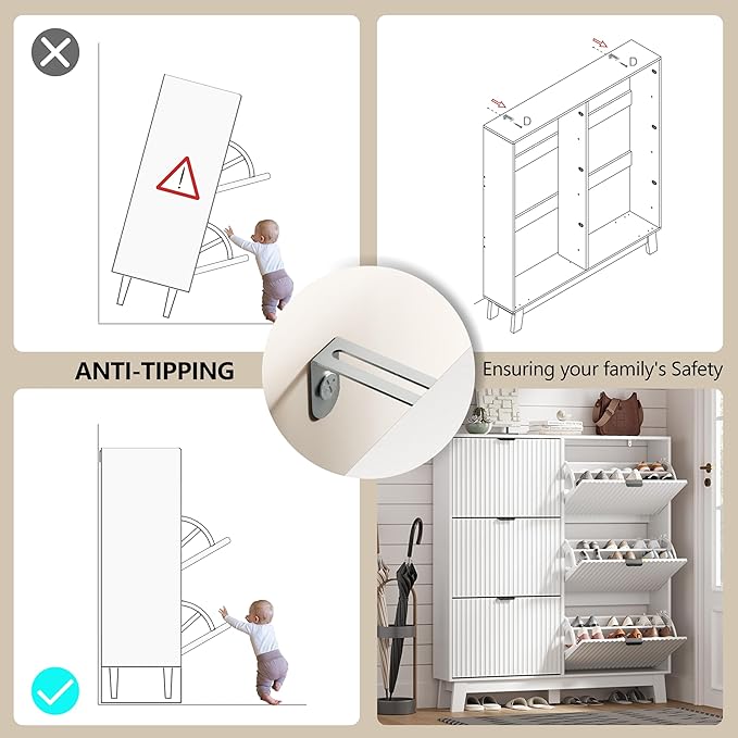HUANLEGO Shoe Cabinet Storage for Entryway with 6 Flip Drawers, Fluted Narrow Shoe Organizer with Wooden Legs, Freestanding Slim Shoe Storage Hidden Shoe Rack Organizer for Front Door Entrance, White
