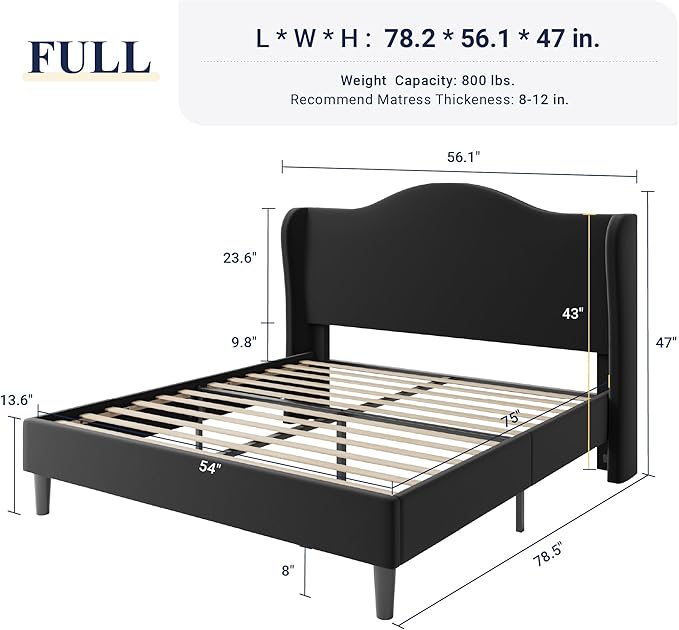 Allewie Full Size Bed Frame, Upholstered Wingback Platform with 47" Tall Tufted Headboard, Plush Velvet Fabric, Modern Minimalist Design, No Box Spring Required, Tool-Free Assembly, Black