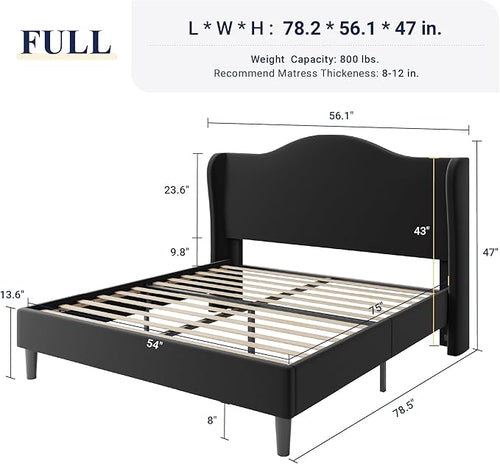 Allewie Full Size Bed Frame, Upholstered Wingback Platform with 47" Tall Tufted Headboard, Plush Velvet Fabric, Modern Minimalist Design, No Box Spring Required, Tool-Free Assembly, Black