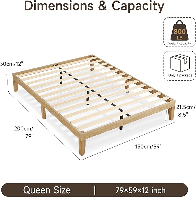 Bed Frame Queen Size, Wood Platform Bed Frame with Solid Wood Slats & Legs, Noise-Free, No Box Spring Needed, Easy Assembly, Minimalist Japandi Style