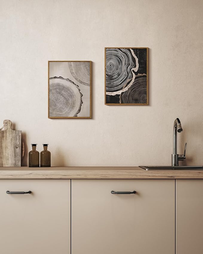 HUARCEY Framed Canvas Art Print Set 2PCS Wood Tree Ring Spiral Wall Art, Modern Neutral Nature Print Set of 2 Minimalist Abstract Nordic Wall Decor, Diptych Log Slice Wood Stump Painting