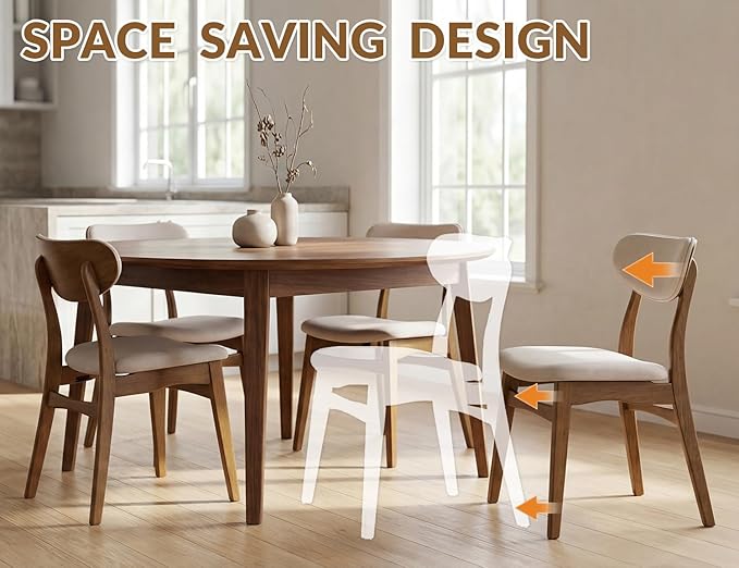 Wooden Dining Chairs Set of 4 - Farmhouse Fabric Upholstered Kitchen Chairs with Curved Back, Solid Wood Mid-Century Modern Side Chair for Dining Room, Beige & Walnut