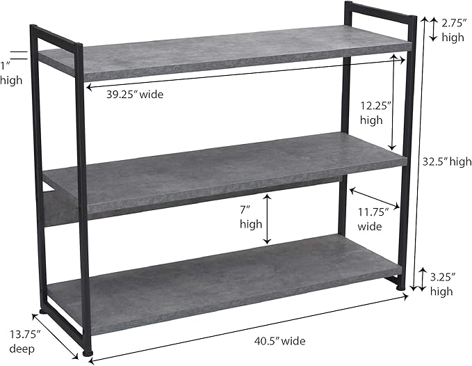 Household Essentials Jamestown Wide 3 Shelf Open Storage Bookshelf Rustic Slate Concrete and Black Metal