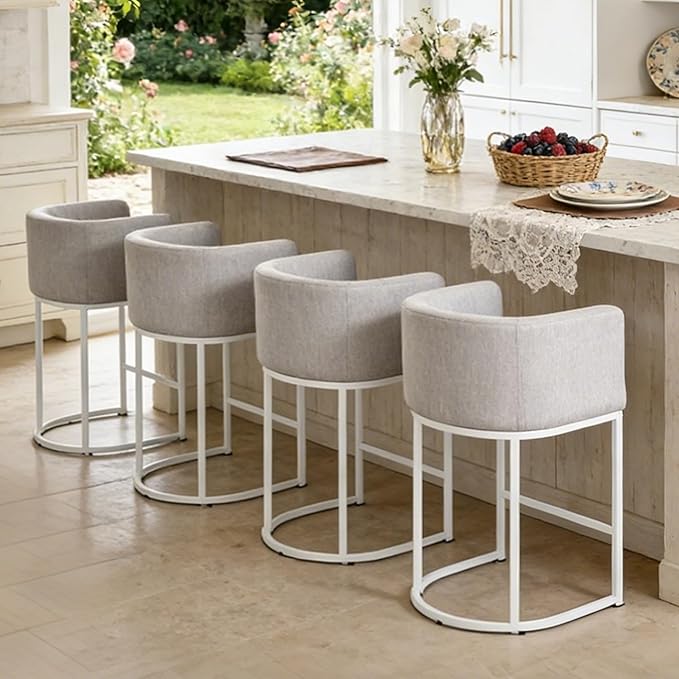 ClinQ 26" H Counter Height Bar Stools Set of 4, Modern Barrel Counter Stools with Backrest and Arms, White Metal Frames, Linen Fabric Upholstered Accent Barstools for Kitchen Island, Light Grey
