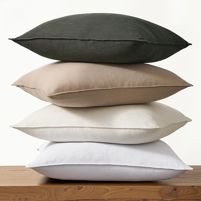 Linen Green Pillow Covers with Flange Design Pack of 4 Decorative OliveGreen Throw Pillow Covers Soft Accent Boho Couch Pillowcases Farmhouse for Living Room Bed Sofa 16x16 Inch