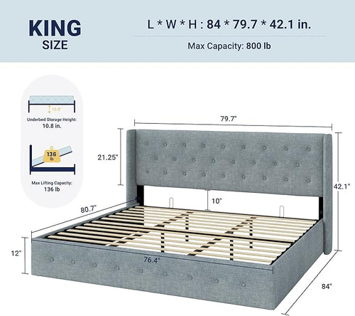 Allewie King Size Lift Up Storage Bed, Button Tufted Headboard with Wingback, Hydraulic Support, No Box Spring Needed, Grey Blue