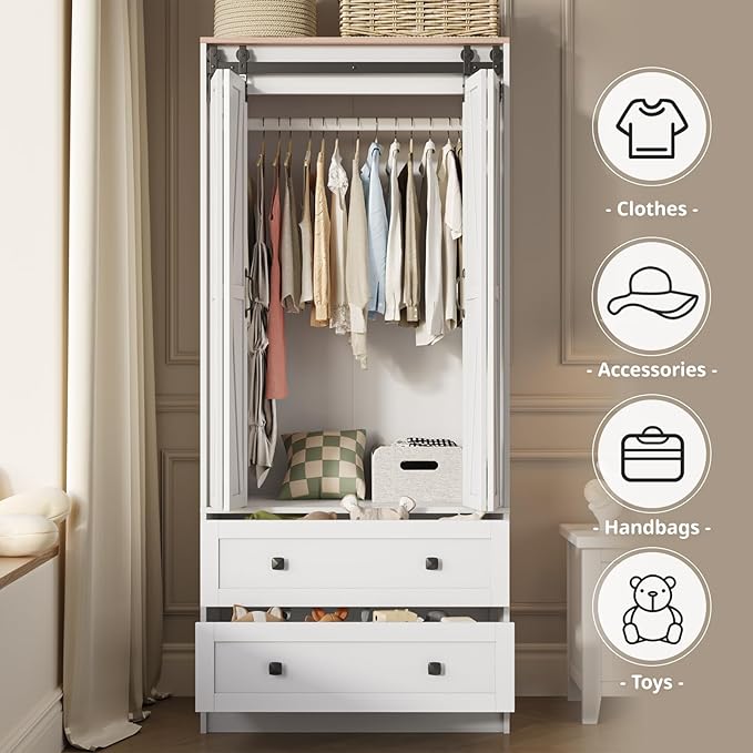 Maupvit Farmhouse Armoire with 2 Folding Sliding Barn Doors and Drawers 70.9" Tall Wooden Bedroom Wardrobe Closet with Spacious Storage Cabinet with Hanging Rod for Bedroom, White