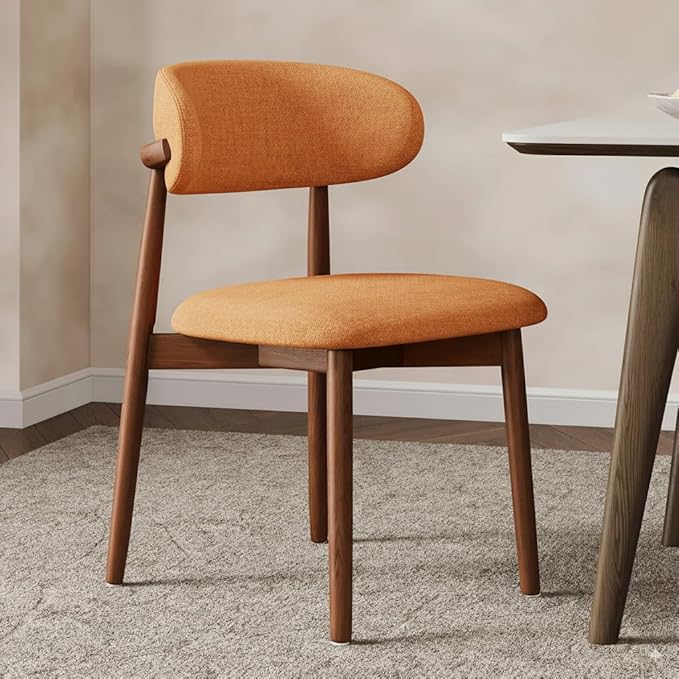 Modern Solid Wood Dining Chairs Set of 2 with Curved Back, Ergonomic Upholstered Seat, Natural Wood Legs with Adjustable Anti-Slip Foot Pad (Orange-Walnut, Set of 2)