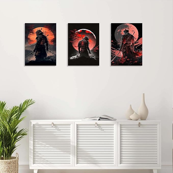 3 Piece Framed Canvas Wall Art, Modern Samurai Warrior Japanese Style Canvas Wall Decor with Red Moon, Set of 3 Wall Art for Living Room Bedroom Office Gaming Room, 12x16 Inch