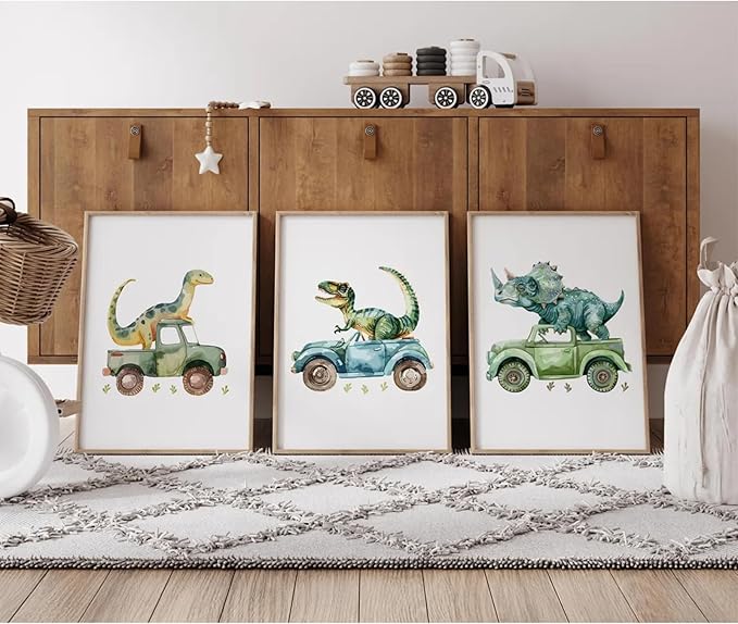 Dinosaur Nursery Wall Art Kids Canvas Poster Baby Boy Nursery Wall Decor Green Dino Pictures Toddler Prints Cartoon Dino Car Painting Boys Room Artwork for Bedroom Bathroom 16x24x3 Inch Unframed