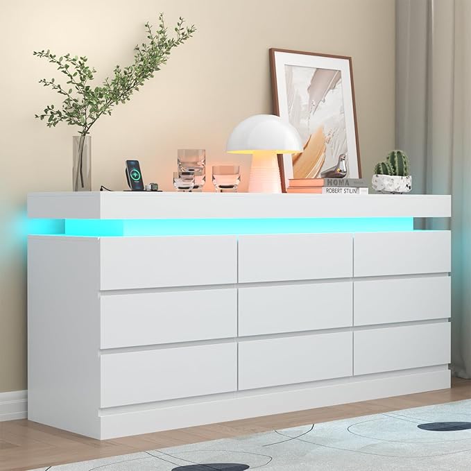 Gyfimoie 9 Drawer Dresser with Power Outlet, Dresser with LED Light, Modern Chest of Drawers for Closet, Double Wide Drawer Organizer Cabinet for Bedroom, Living Room (White, 9 Drawers)