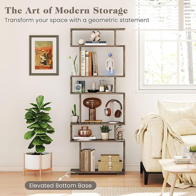 Giantex 6-Tier Geometric Bookshelf, S-Shaped Bookcase with 2 Anti-Tipping Kits, Wooden Display Shelf, Decorative Storage Shelving Unit, Home Storage Organizer for Office Living Room (1,Oak Grey)
