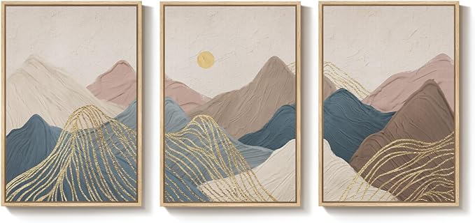 Framed Neutral Abstract Mountain Wall Art for Living Room, 3 Piece Large Landscape Print Canvas Artwork for Walls, Boho Modern Minimalist Paintings for Bedroom Dining Room Office Wall Decor, 24x36 In