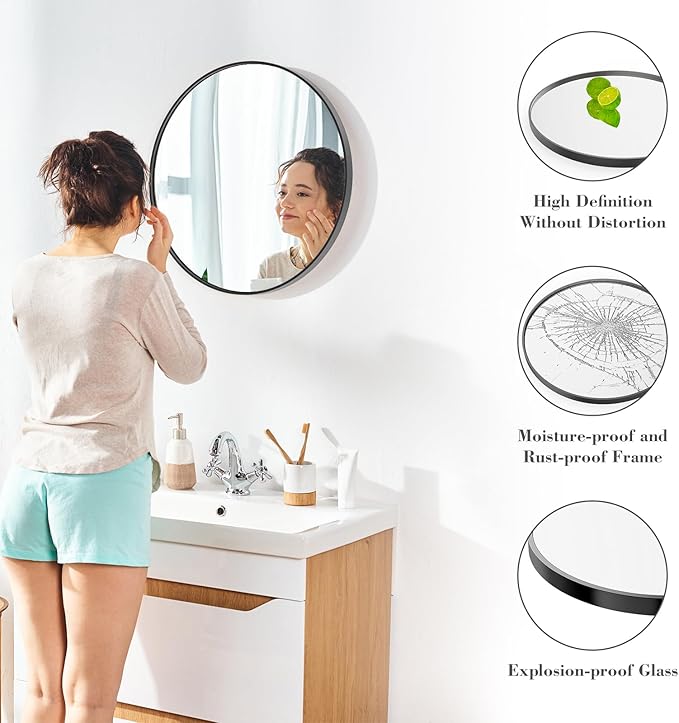 Sweetcrispy 20-inch Black Round Wall Mirror, Circle Bathroom Mirrors with Metal Frame, Wall-Mounted Mirrors for Living Room, Bathroom, Entryway