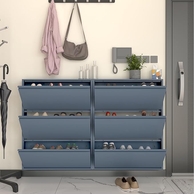 LUCYPAL Shoe Storage Cabinet with 3 Flip Drawers,Freestanding Organizer Metal Wall Shoe Cabinet for Entryway, Narrow Shoe Rack Cabinet for Living Room,Blue