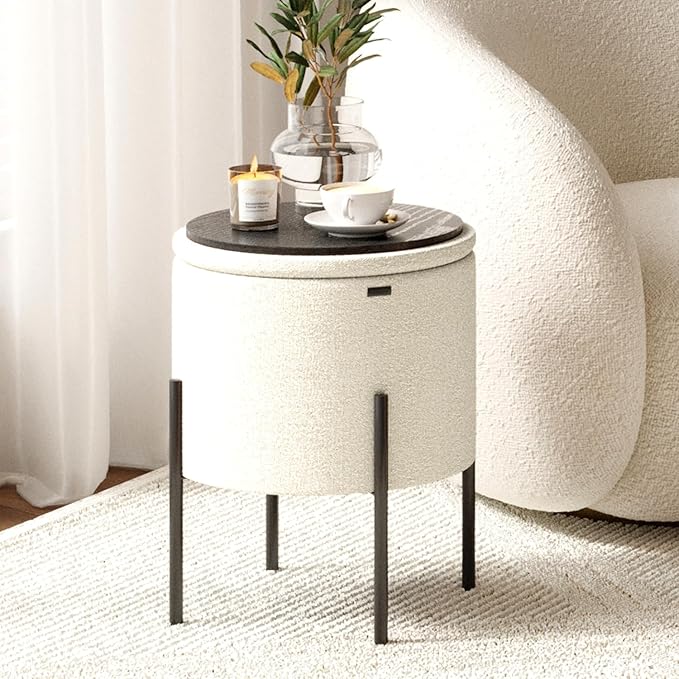 STORAGEBUD Round Ottoman with Storage, Boucle Storage Ottoman, Foot Stool Ottoman, Makeup Vanity Stool, Small Ottomans Foot Rest, Modern Ottomans for Living Room and Bedroom, Cream