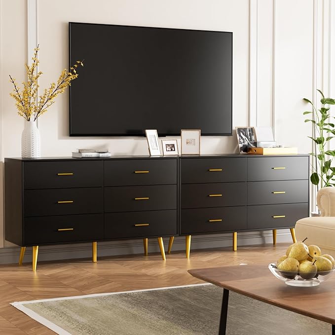 CARPETNAL Black Dresser for Bedroom, 6 Drawer Dresser with Wide Drawers and Gold Metal Handles, Wood Dressers & Chest of Hallway, Entryway.
