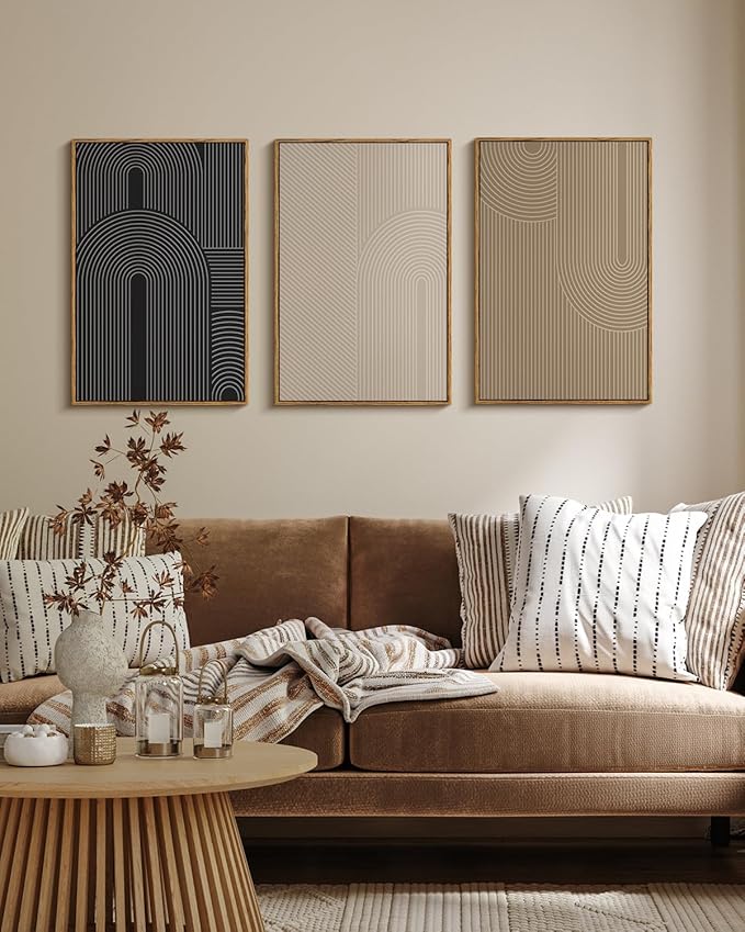 Modern Geometric Line Wall Art Set of 3 Neutral Abstract Canvas Prints, Large 16x24 3 Piece Black Beige Taupe Contemporary Home Artwork, Minimalist Mid Century Living Room Bedroom Office Decor