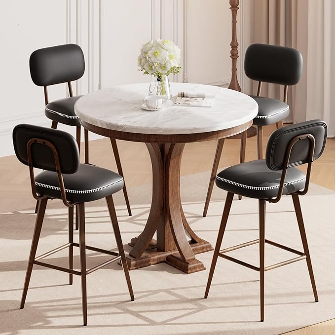 MALOL 26“ Swivel Bar Stools Set of 6, Mid Century PU Leather Counter Height Bar Chairs with Low Back and Metal Legs, Modern Bar Stool Chair for Kitchen Island, Black