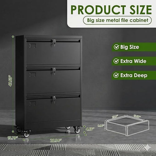 Aobabo 3 Drawer Lateral File Cabinet with Wheels, Lockable Metal Filing Cabinet for Home Office, Legal/Letter Size,Black,Required Assembled,15.87" D x 28.94" W x47.63 H