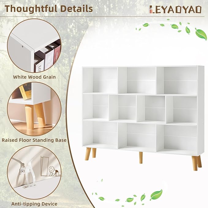 LEYAOYAO 10 Cube Bookshelf, 3 Tier Vintage 55" Wide Bookcase with Legs, Mid-Century Wood Bookshelves Storage, White Large Book Case, Freestanding Organizer Display Shelf for Living Room, Office