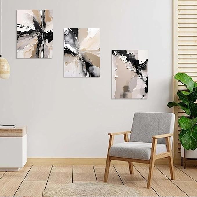 3 Piece Wall Art Framed Canvas Wall Art Modern Abstract Neutral Black White Beige Paint Splash Pictures Wall Decor for Living Room Bedroom Office Wal Decor Room Decor with Hooks and Nails 12x16 Inch