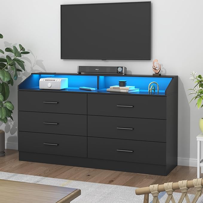 Gyfimoie 6 Drawer Dresser with Power Outlet, Chest of Drawers with LED Light, Modern Dresser with Open Storage Cubby, Double Wide Dressers Organizer for Bedroom, Living Room, Entryway, Hallway