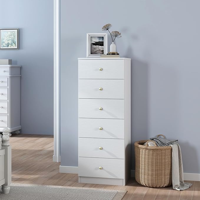 Panana Modern 6 Drawer Vertical Dresser, Wood Tall Chest of Drawers N Arrow Storage Organizer with Wide Drawers & Metal Gold Handles for Bedroom, Living Room, Office, Hallway, Entryway (White)