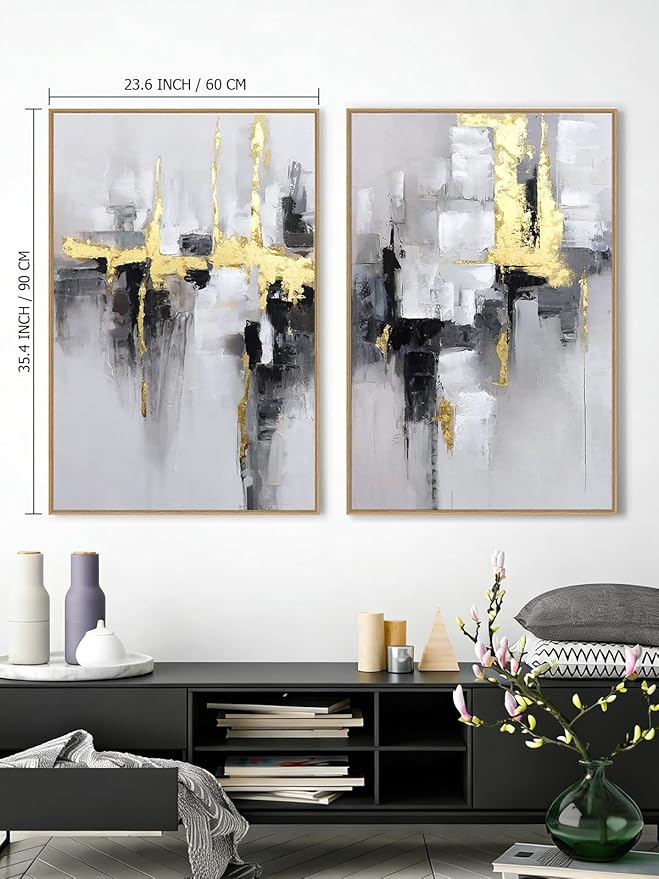 SAFERRYHOME 2-Piece Large Grey and Gold Abstract Wall Decor- Framed Modern Canvas Paintings for Living Room, Bedroom, Office Décor - 24x36 Inches Each