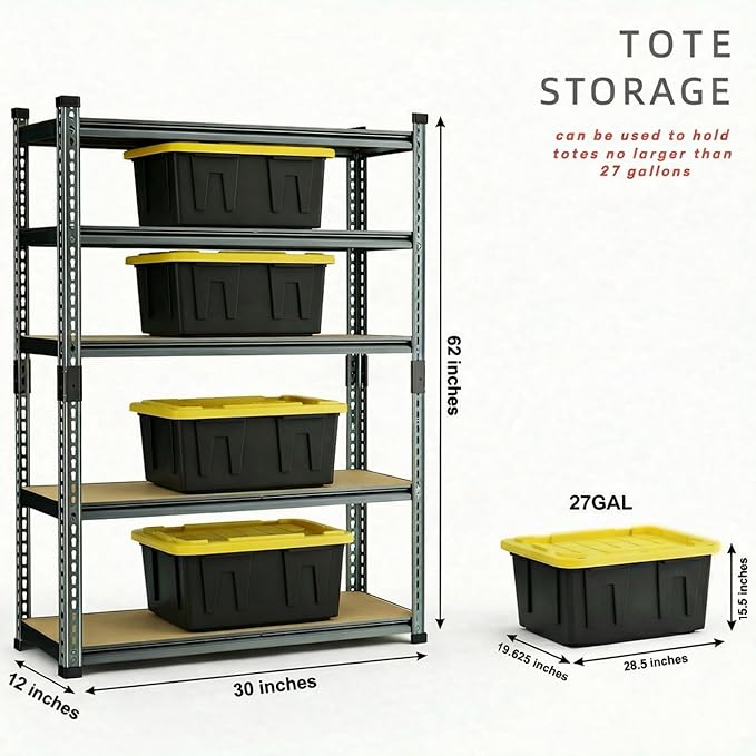 Garage Shelving Heavy Duty, 2450LBS Metal Storage Shelves 5 Tier, Adjustable Shelving Unit 30" W x 12" D x 62" H, Boltless Garage Storage Rack for Grage Basement, Pantry, Warehouse 2Pcs